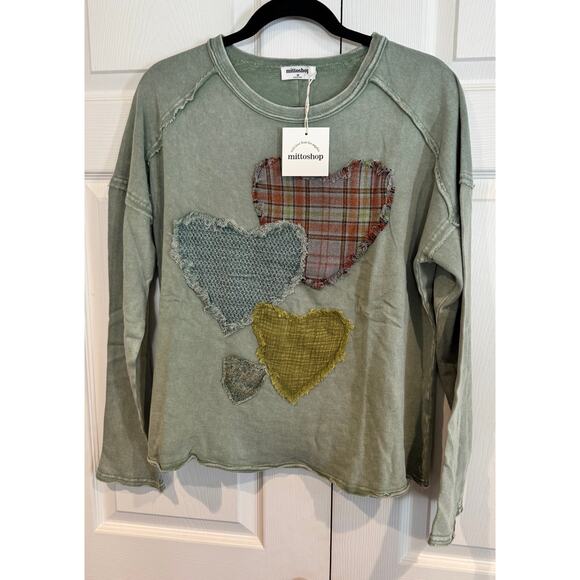 Mottoshop Heart Patchwork Long Sleeve Olive Green Distressed Crew Neck Top - Picture 3 of 8